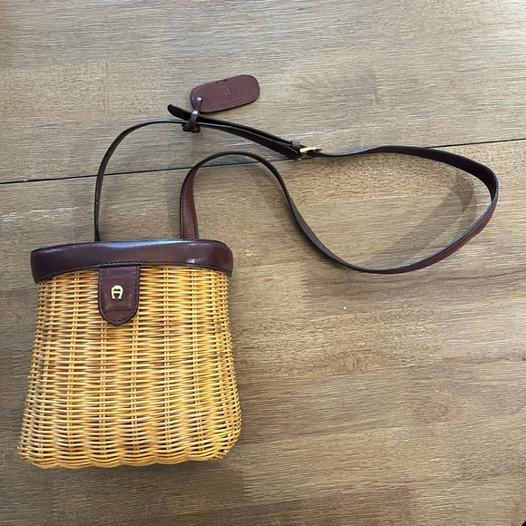 Handbags - Etienne Aigner Elegant Burgundy and Tan Basket Woven Bag